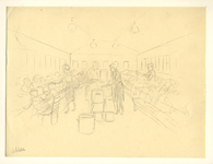 39668 Afbeelding van lange tafels met etende kinderen en eten opscheppende vrouwen in de uitdeelpost Jan van ...